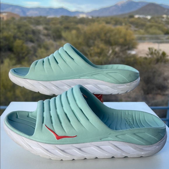 Hoka One One Mint Green & White Slides / with Red Accent - Picture 9 of 16